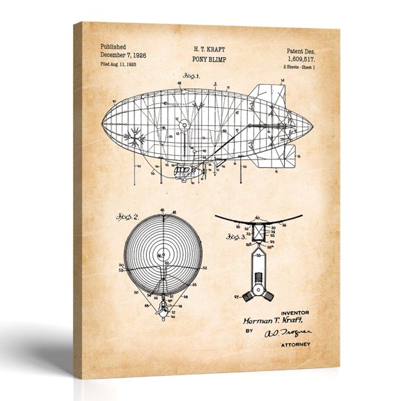 Blimp Patent Print Canvas, Vintage Airship Wall Decor