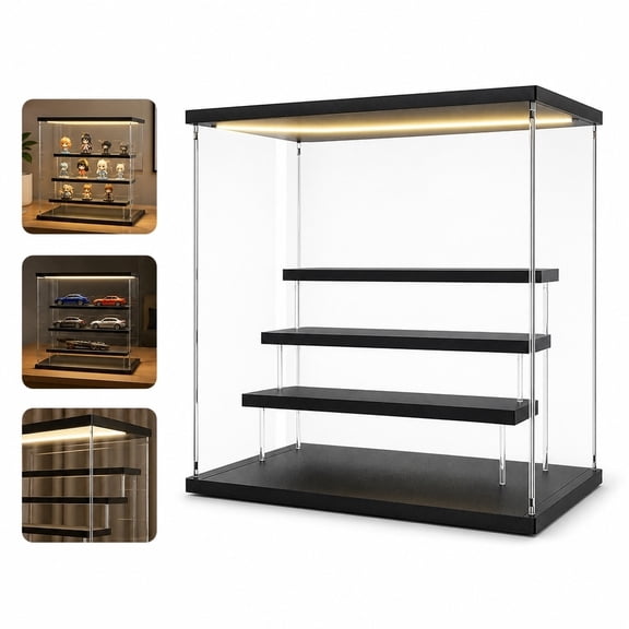 Blind Box Display Case with Light, 4 Tier Acrylic Display Stand for Figures and Collectibles, Dustproof Stepped Showcase (Black)