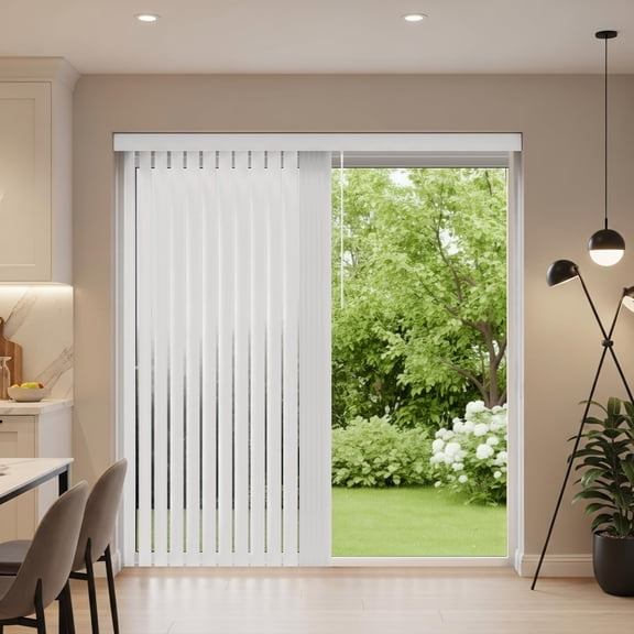 Vertical Blinds For Sliding Glass Doors Size 78" W X 84" H - Color White - Durable Blackout PVC Vinyl Sliding Door Blinds -Upgraded Self Aligning Track for Full Privacy - Includes Valance & Hardware