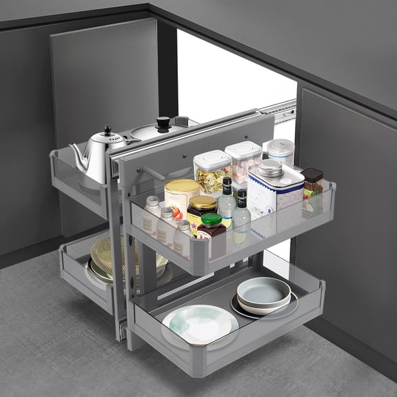Blind Corner Cabinet Organizer,Tempered Glass Corner Cabinet Pull-Out,2-Tier Kitchen Cabinet Left Open & Right Open Compatible,Adjustable & Removable Basket (Grey)