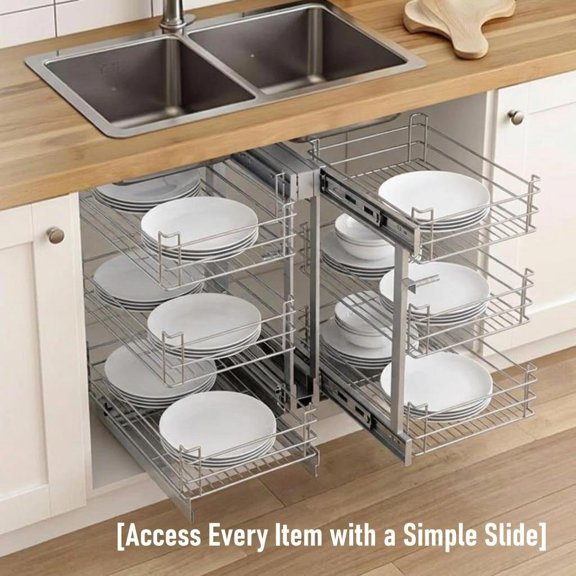 Blind Corner Cabinet Pull Out 3 Tier 25.2x17.9x3.9 Inch, Blind Corner Cabinet Organizer Space-Saving Design, Kitchen Cupboard Arranger Smooth Slide Rail for Home Restaurant.