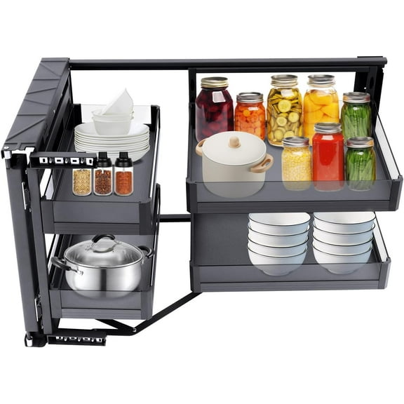 Blind Corner Pull Out Organizer, 14 Inch 2-Tier Swing Tray with 4 Detachable Shelves, Soft Close Universal Left/Right Mount for Kitchen Cabinet Storage