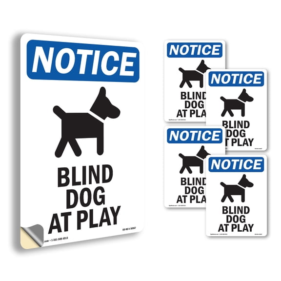 Blind Dog At Play With Symbol OSHA Notice Vinyl Decal Label 5 Inch x 3.5 Inch - 5 Pack