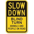 thumbnail image 1 of Blind Turn Slow Down Weatherproof Metal Sign Size: 8 x 12 Inch, 1 of 5