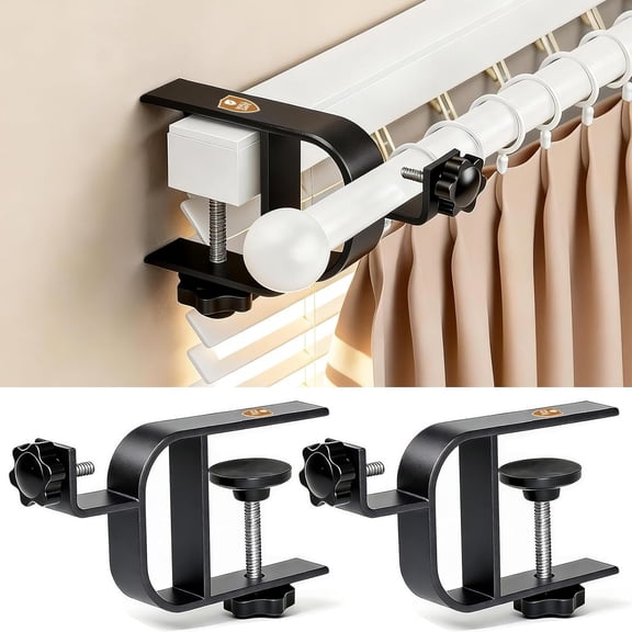Over Blinds Curtain Rod Brackets for Inside & Outside Mounted, No Drill Curtain Rod Brackets Fits 0.75-2" Headrail, Tool-Free & No Wall  / Apartment & Rental Friendly, Black, 2 Pack