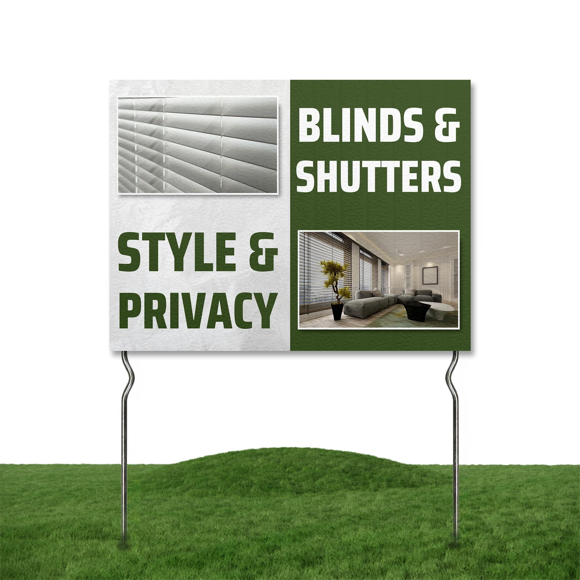 Blinds & Shutters - Style & Privacy! Yard Sign by DC | 24"x18" Double Sided Furniture Garden Sign with 13” Metal Stakes | Outdoor Signs Waterproof for Lawn, Patio, Sidewalk & House | Set of 5