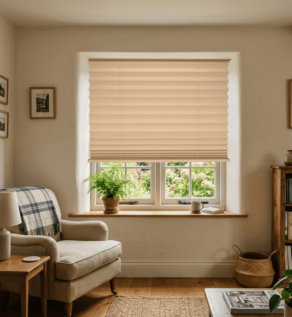 BlindsAvenue No-Drill Blackout Pleated Adhesive Shade- 33" W x 64" H - Tool-Free Installation, Cordless Blind for Windows, Beige