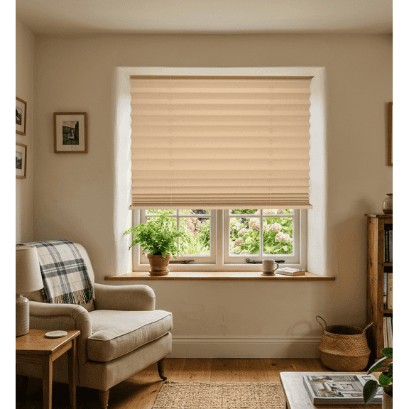 BlindsAvenue No-Drill Blackout Pleated Adhesive Shade- 33" W x 64" H - Tool-Free Installation, Cordless Blind for Windows, Beige