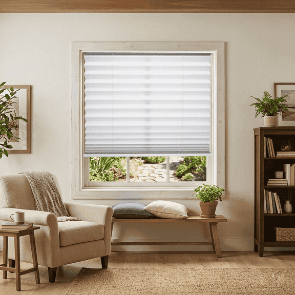 BLINDS101 No Drill Cordless Light Filtering Adhesive Pleated Window Shade, White, 30"W x 64"H