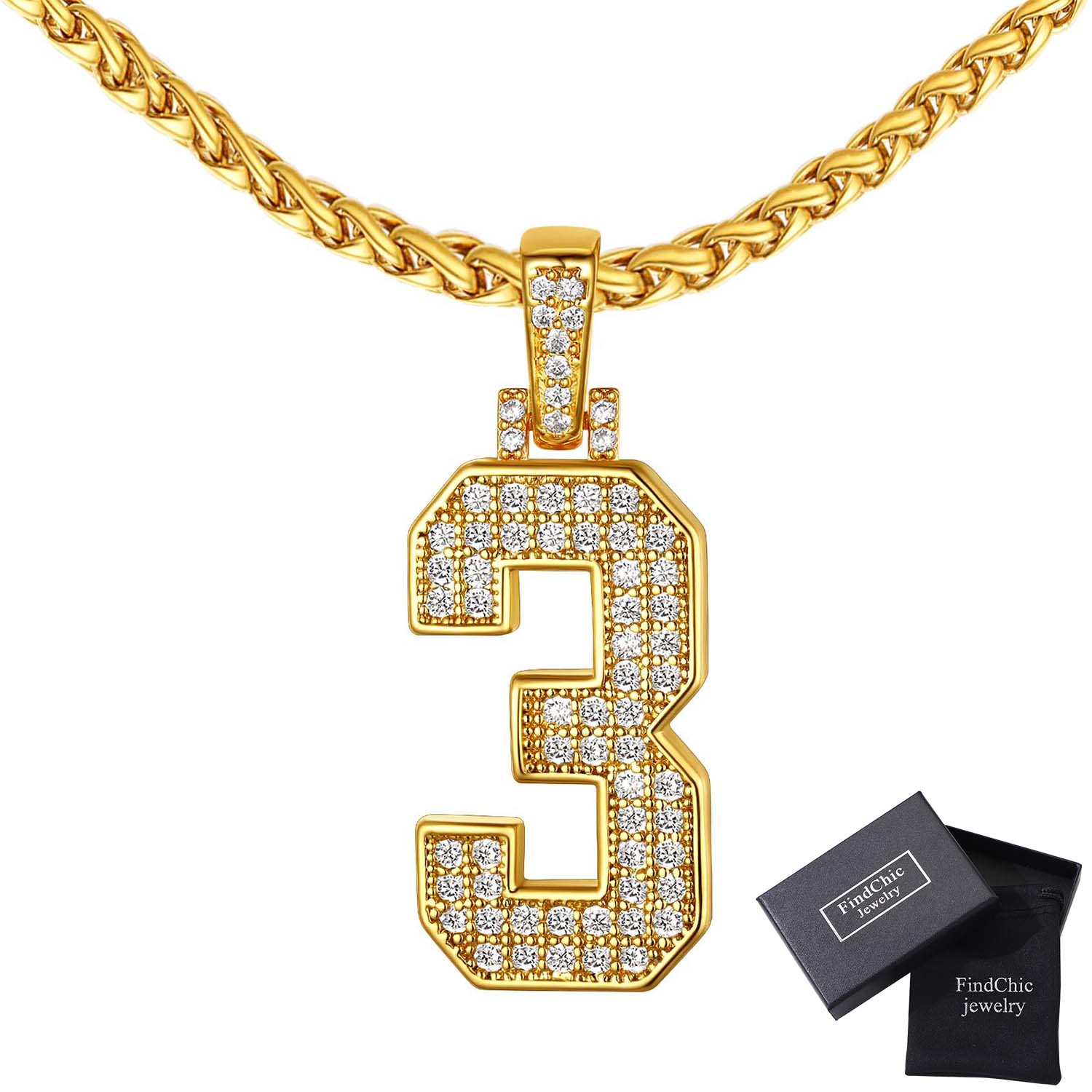 Bling 18K Gold Plated Number 3 Pendant Necklace on Wheat 22" Chain for
