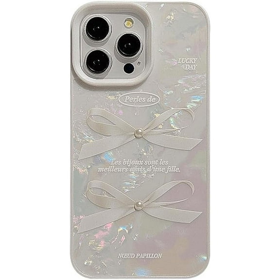 Bling 3D Pearl Bows Iridescent Marbling Phone Case Compatible with iPhone Case (White,iPhone 13)
