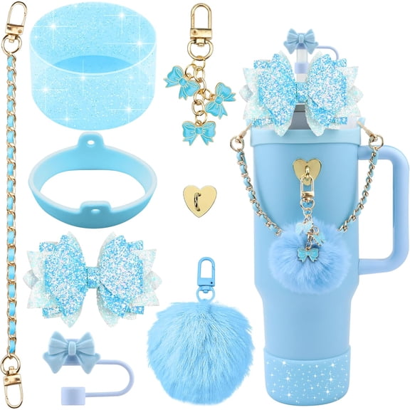 Bling Accessories for Stanley Cup 40oz & 30oz Tumbler including Silicone Cute Bow Straw Topper Cover, Silicone Boot for Stanley Cup,Leather Water Bottle Handle Strap, Charms(Blue)