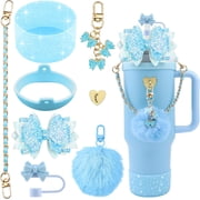 Bling Accessories for Stanley Cup 40oz & 30oz Tumbler including Silicone Cute Bow Straw Topper Cover, Silicone Boot for Stanley Cup,Leather Water Bottle Handle Strap, CharmsBlue