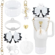 Bling Accessories for Stanley Cup 40oz & 30oz Tumbler including Silicone Cute Bow Straw Topper Cover, Silicone Boot for Stanley Cup,Leather Water Bottle Handle Strap, CharmsWhite