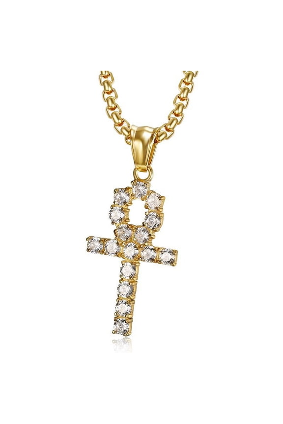 Bling Ankh Cross 14K Yellow Gold Necklace For Men Women Hip Hop Punk Cross Jewelry Full Rhinestone