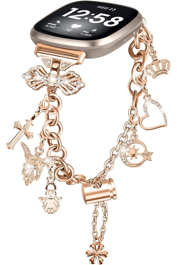 Bling Band Compatible with Fitbit Versa 4/Sense 2 Band for Women Girl Stainless Steel Diamond Jewelry Bracelet for Women Girl with Bow Connector Interchangeable Charm for Versa 4/Sense 2 Smartwatch