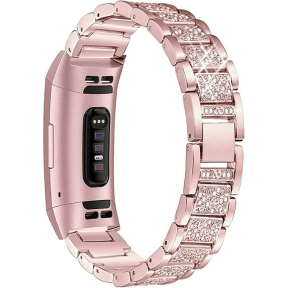 Bling Bands Compatible with Fitbit Charge 6/Charge 5, Dressy Metal Bracelet Luxurious Rhinestone Replacement Wristband for Women, Pink Gold