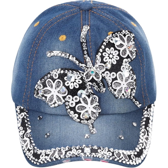 Bling Baseball Cap for Women Bejeweled Distressed Denim and Diamonds Hat Studded Rhinestone Cap