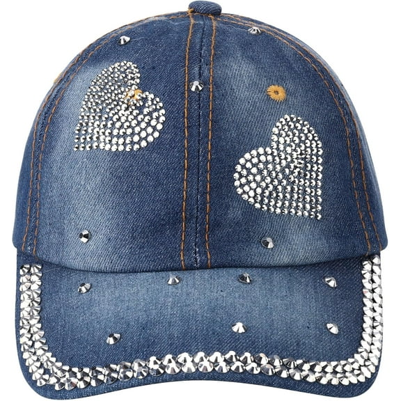 Bling Baseball Cap for Women Bejeweled Distressed Denim and Diamonds Hat Studded Rhinestone Cap