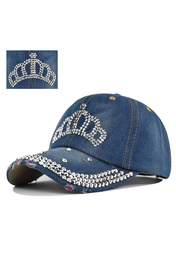 Bling Baseball Cap for Women Fashion Rhinestone Denim Baseball Cap Bejeweled Distressed Denim and Diamonds Hat Studded Rhinestone Cap