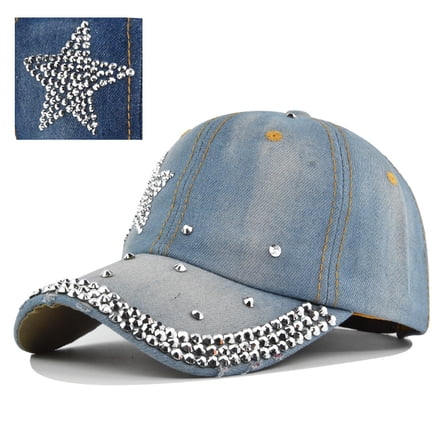 Bling Baseball Cap for Women Fashion Rhinestone Denim Baseball Cap Bejeweled Distressed Denim and Diamonds Hat Studded Rhinestone Cap