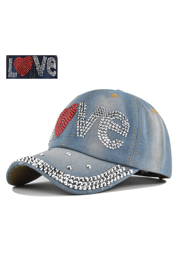 Bling Baseball Cap for Women Fashion Rhinestone Denim Baseball Cap Bejeweled Distressed Denim and Diamonds Hat Studded Rhinestone Cap