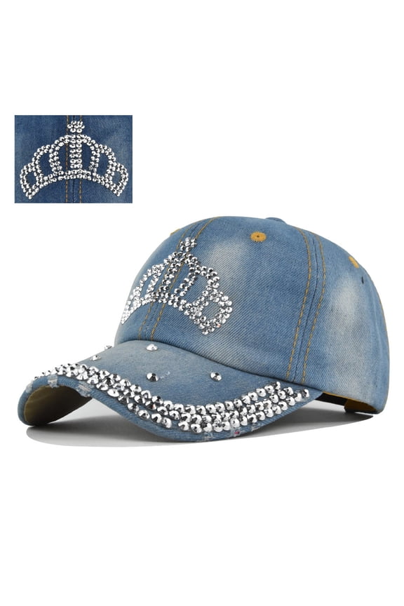 Bling Baseball Cap for Women Fashion Rhinestone Denim Baseball Cap Bejeweled Distressed Denim and Diamonds Hat Studded Rhinestone Cap