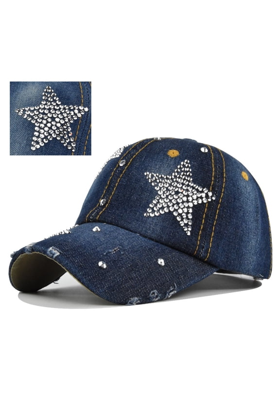 Bling Baseball Cap for Women Fashion Rhinestone Denim Baseball Cap Bejeweled Distressed Denim and Diamonds Hat Studded Rhinestone Cap