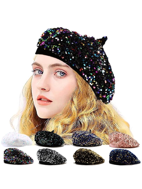 Bling Beret Hats for Women Sequin Paris Artist Cap Fashionable Ladies Sparkle Shining French Style Beanie Beret