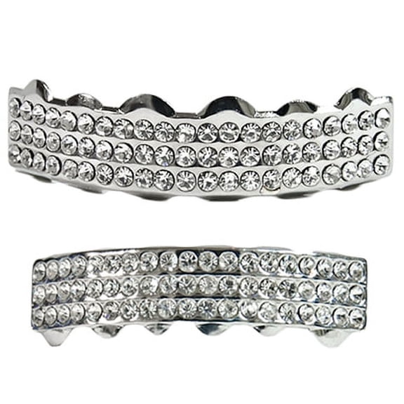 Bling Best Grillz Set Three Row Top & Bottom  Teeth Silver Tone Hip Hop Grills
