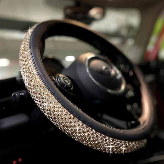 Bling Bling Comfy Steering Wheel Cover with Jumbo Crystal Rhinestones, Anti-Slip Diamond Leather Car Steer Cover (Gold)