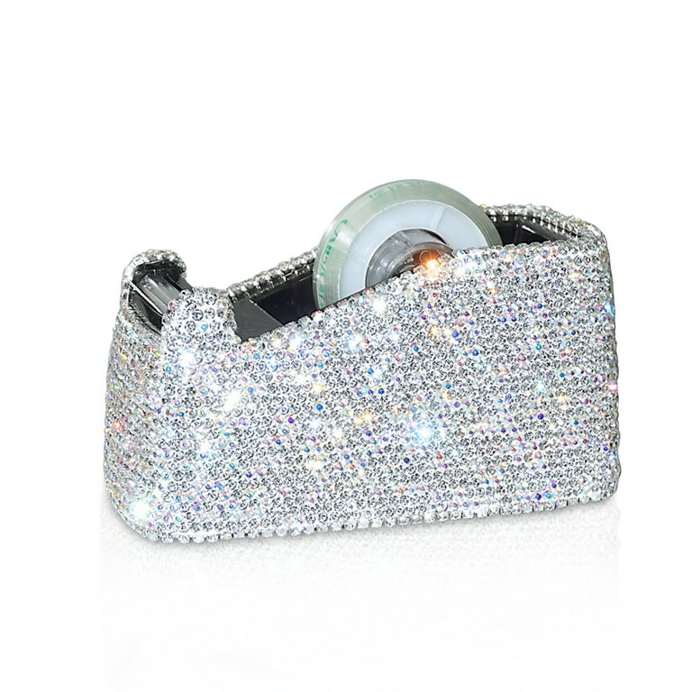 Bling Bling Crystal Luxury Handmade Diamond Desktop Tape Dispenser for  Fashion Girls Women (White)