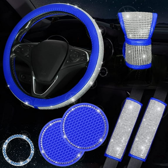 Bling Blue Steering Wheel Cover Set of 7, Crystal Diamond Rhinestone Blue Bling Car Accessories for Women, Seatbelt Cover, Gear Shift Cover, Push Start Ring, Car Cup Coaster, Blue