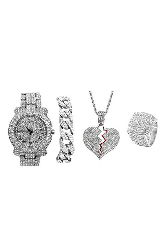 Bling Bling Broken Heart Hip Hop Pendant - Luxury Watch Covered with Crystal Clear Rhinestones - Iced Cuban Bracelet & Bling Ring Gift Set - Shine Like a Celebrity (9, SLV L0504 Broken Heart 4pc Set)