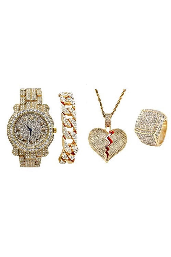 Bling Bling Broken Heart Hip Hop Pendant - Luxury Watch Covered with Crystal Clear Rhinestones - Iced Cuban Bracelet & Bling Ring Gift Set - Shine like a Celebrity (10, Gld L0504 Broken Heart 4pc Set)