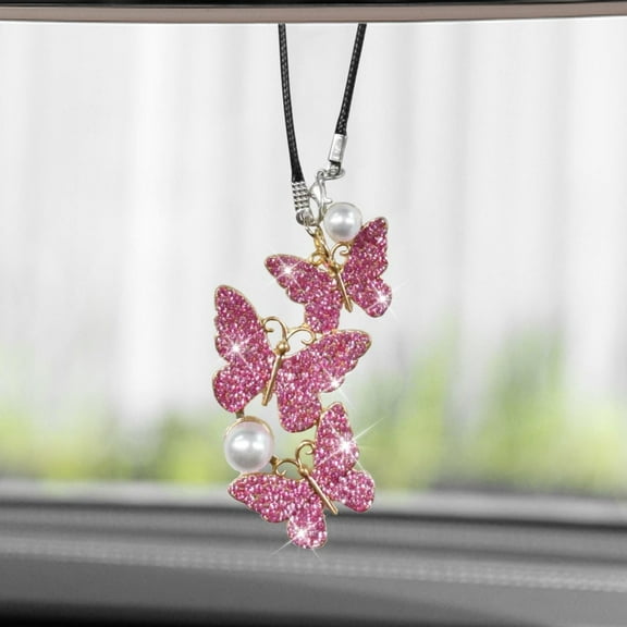 Bling Butterfly Diamond Car Hanging Accessories, Crystal Rear View Mirror Charms, Hanging Ornament Pendant Lucky Presents for Women, Interior Decoration Accessories (Pink) Pink