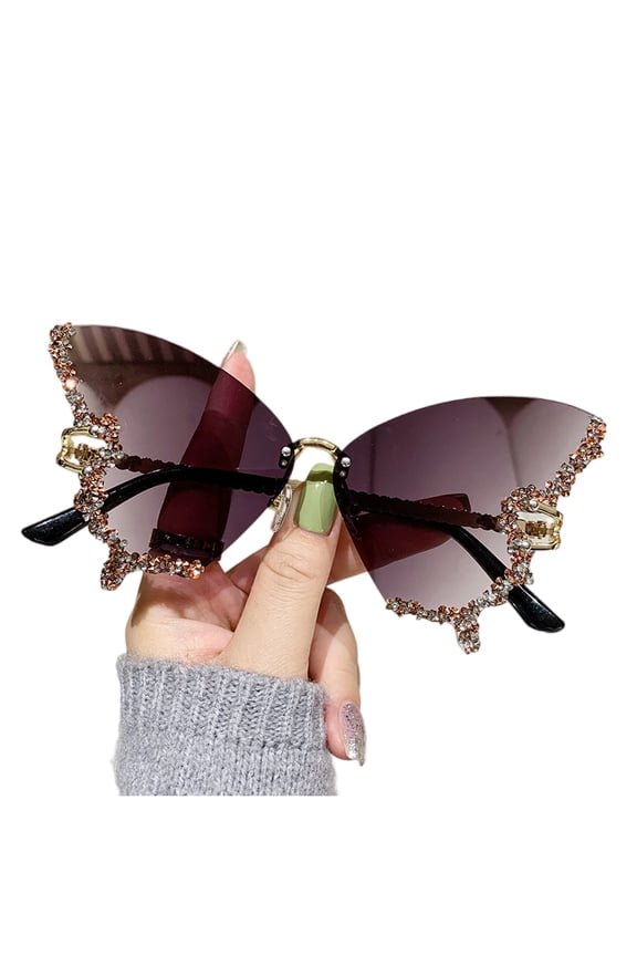 Bling Butterfly Rimless Sunglasses for Women, Rhinestone Diamond Cat Eye Sunglasses Fashion Oversized Butterfly Shades UV Protection Luxury Frameless Sunglasses for Party Travel Shopping Blue Tea