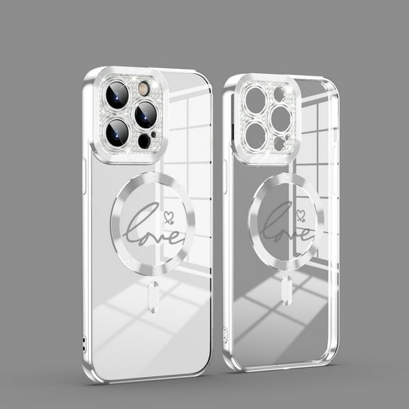 [Bling Camera Bracket Design]Magnetic for iPhone 14 Case, [Electroplated Bumper Non-Yellowing][Wireless Charging]Slim Clear Love Pattern Case for Women Men Girls,Silver