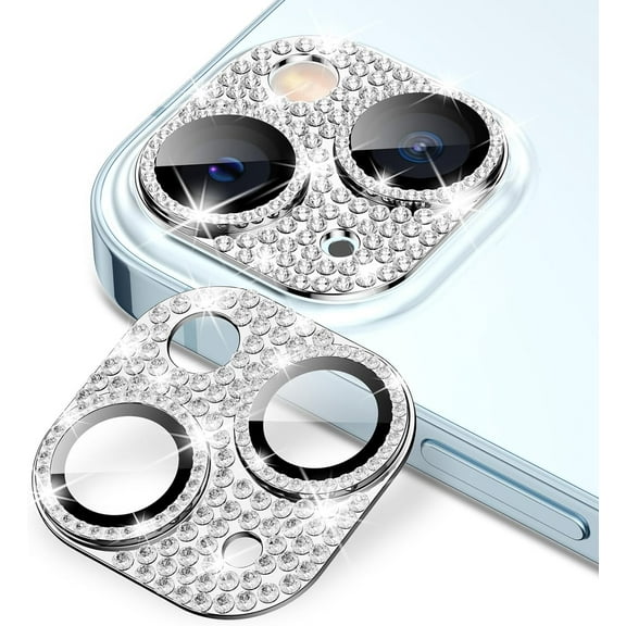 Bling Camera Lens Protector for iPhone 15 Plus, Tempered Glass Glitter Diamond Metal Cover Silver