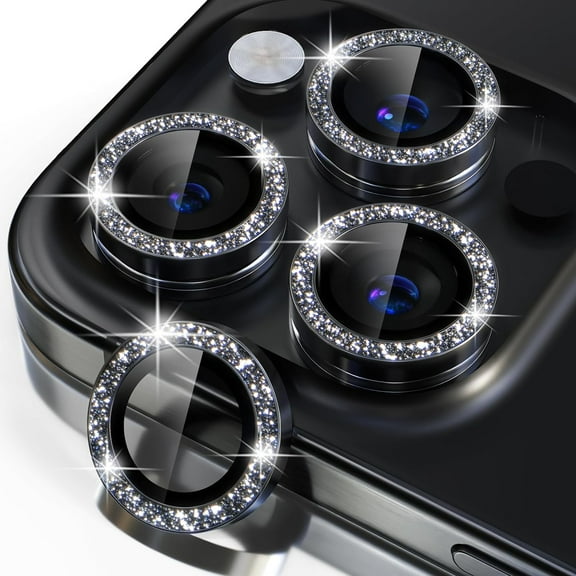 Bling Camera Lens Protector for iPhone 15 Pro/iPhone 15 Pro Max, Black Glitter