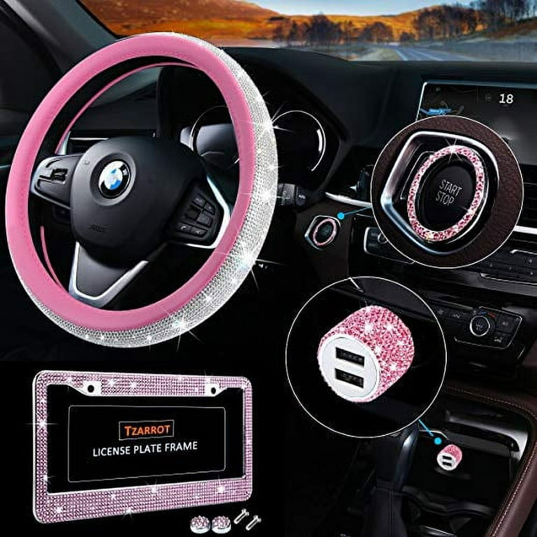 Bling Car Accessories Set, Pink Bling Steering Wheel Cover for Women  Universal Fit 15 Inch, Bling License Plate Frame for Women, Bling Car USB  Charger(Fast Charging), Crystal Car Decor Set 4pcs (Pink) 