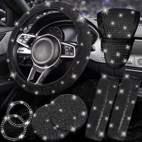 8-Piece Bling Car Accessories Set for Women, Sparkly Steering Wheel, Seat Belt & Gear Shift Covers, Universal Fit Black