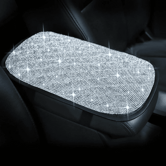 Bling Car Armrest Cover Luster Crystal Car Center Console Cover Protector Universal Auto Arm Rest Cushion Pads Car Interior Decor Accessories (Silver)
