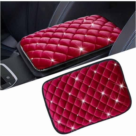 Bling Car Center Console Cover, Crystal Rhinestone Fluffy Automotive Armrest Seat Box Cushion Pad, Soft Comfortable Diamond Arm Rest Protection Mat, Universal Vehicle Accessories (Red)