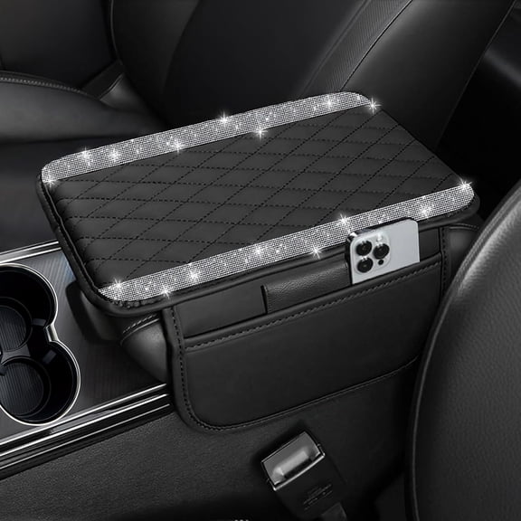 Bling Car Center Console Cover, Leather Car Arm Rest Cover Cushion with 2 Storage Bags, Universal Auto Armrest Protector Storage Box, Bling Accessories Interior for Most Vehicles (Silver)
