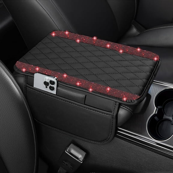 Bling Car Center Console Cover, Leather Car Arm Rest Cover Cushion with 2 Storage Bags, Universal Automotive Armrest Protector Storage Box, Bling Accessories Interior for Most Vehicles (Red)