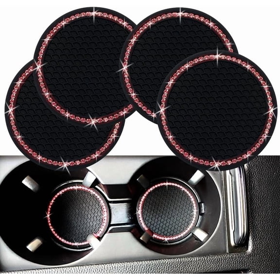 Bling Car Cup Coaster, 2.75 Inch Anti Slip Shockproof Embedded Drink Mat, Dustproof Automotive Interior Accessories Mat, Universal for Vehicles, Trucks, RVs and More (Pink Crystal 4 PCS)