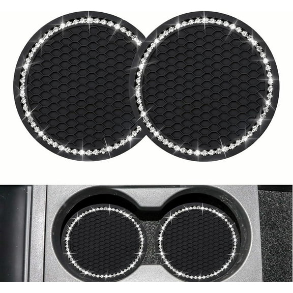 Bling Car Cup Coaster, 2.76 inch Auto Cup Holder Insert Coasters,Silicone Anti-Slip Crystal Rhinestone Drink Mat, Universal Vehicle Interior Accessories for Women Girls (Black,2 Pcs)