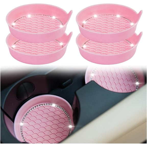 Bling Car Cup Coaster, 4 Pack Universal Vehicle Anti-Slip Cup Holder Insert Coasters, Crystal Rhinestone Silicone Shockproof Drink Mat, Car Interior Accessories Gift for Women Girls (Pink)