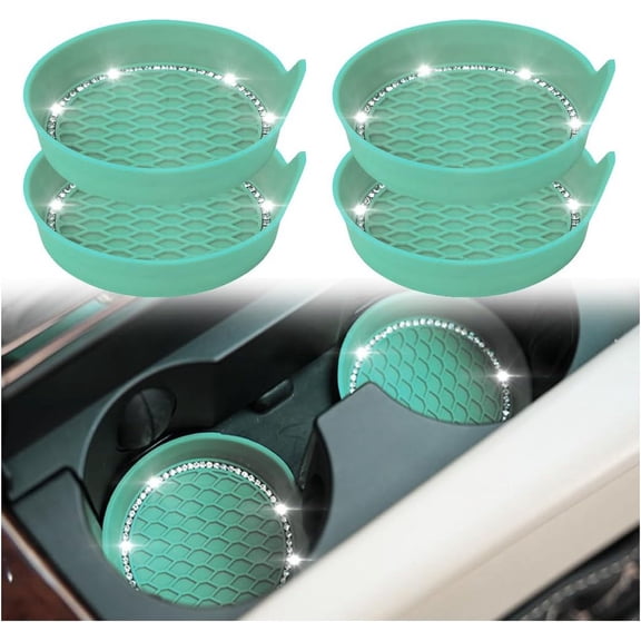 Bling Car Cup Coaster, 4 Pack Universal Vehicle Anti-Slip Cup Holder Insert Coasters, Crystal Rhinestone Silicone Shockproof Drink Mat, Car Interior Accessories Gift for Women (Mint Green)